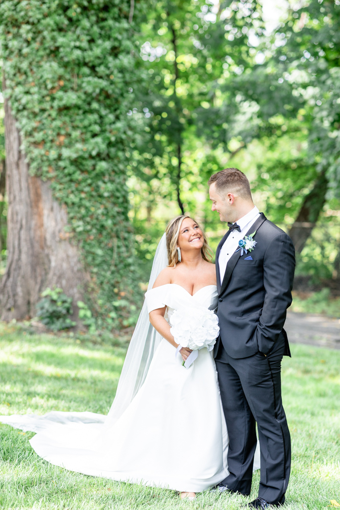 Wedding day portraits with bride and groom outside at the Mansion at Valley Country Club in Towson, MD