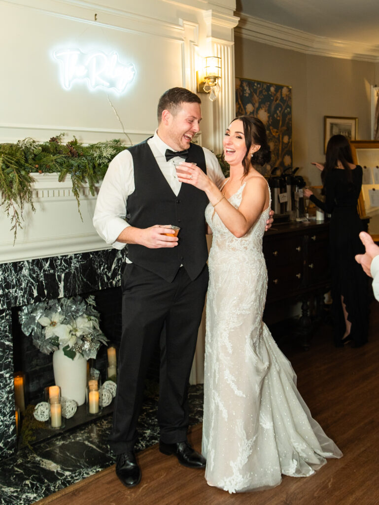 Overhills Mansion wedding day, newlyweds laughing