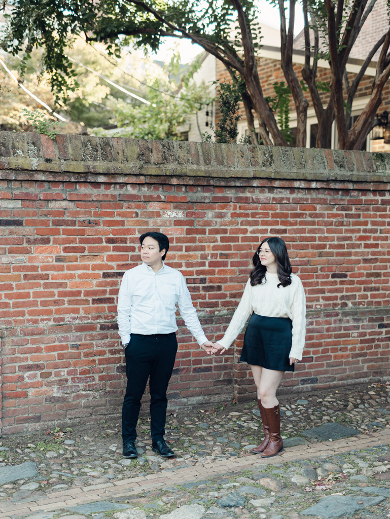 Chelsea & Wes in the historic alley during their Old Town Alexandria engagement session