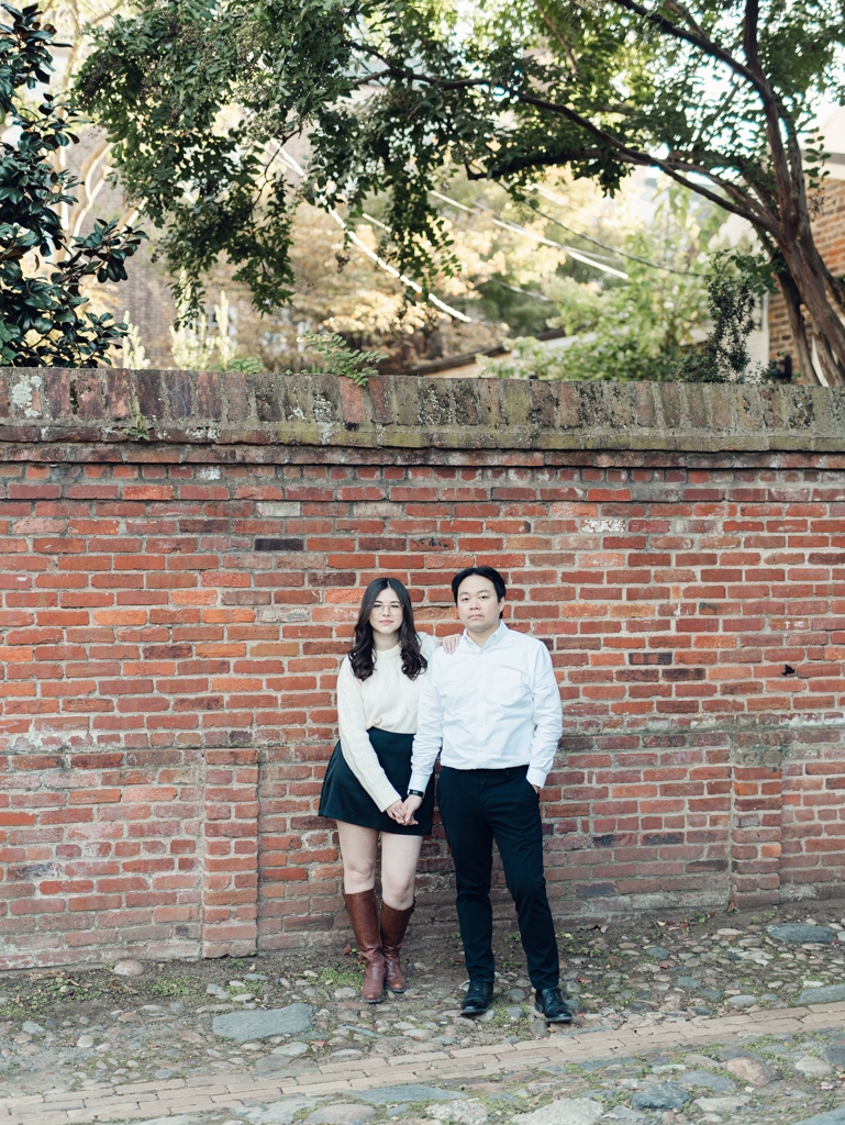 Chelsea & Wes in the historic alley during their Old Town Alexandria engagement session