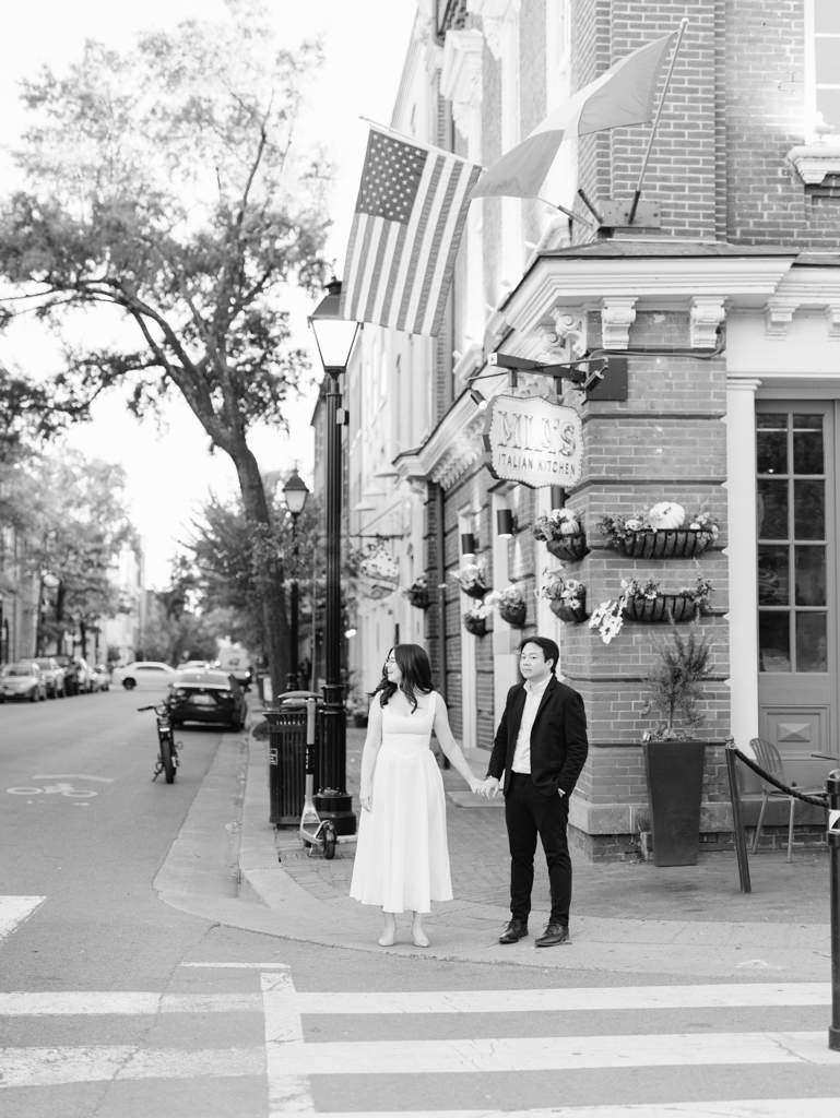 Chelsea & Wes waiting to cross the street during their Old Town Alexandria engagement session