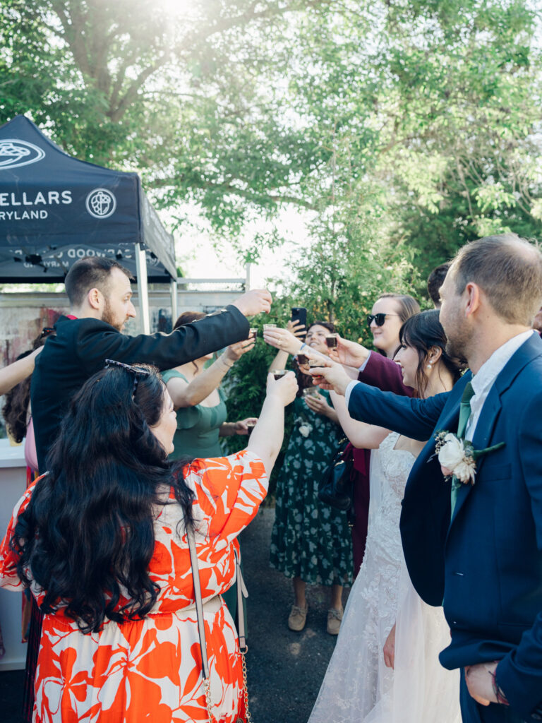 Guests toasting to the newlyweds during wedding day cocktail hour