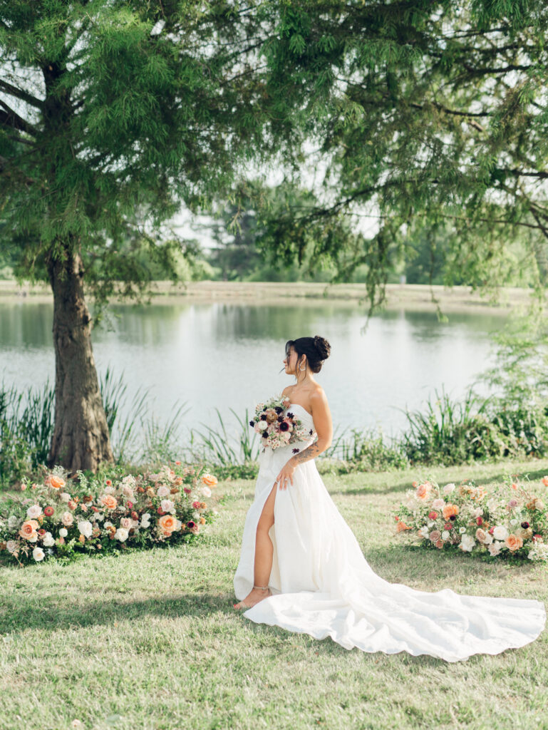 portrait of bride in her wedding gown at her wedding venue Bortner Valley in Hampstead, MD