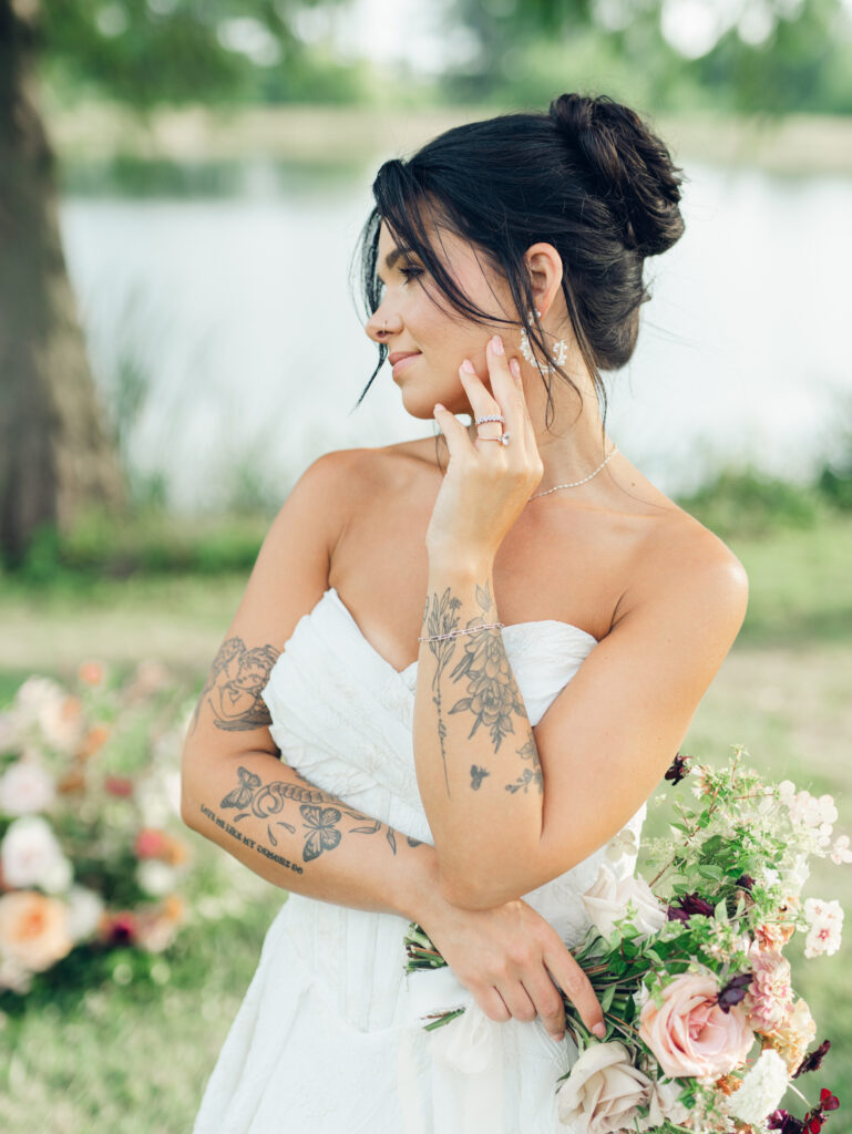 portrait of bride in her wedding gown at her wedding venue Bortner Valley in Hampstead, MD