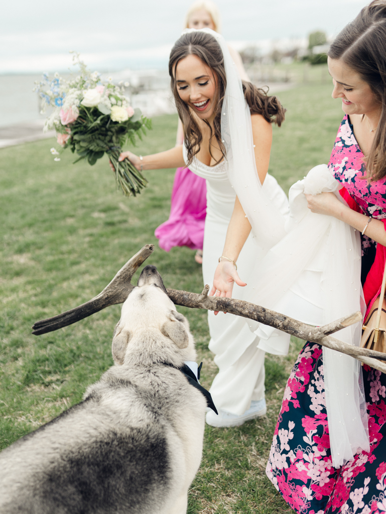 bride interacting with her dog on her wedding day